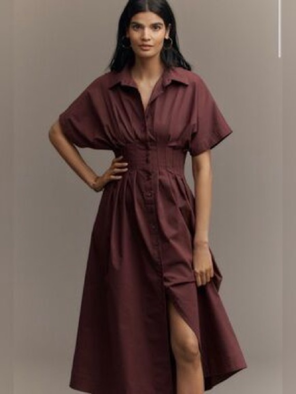 Button-Front Midi Shirt Dress in Burgundy